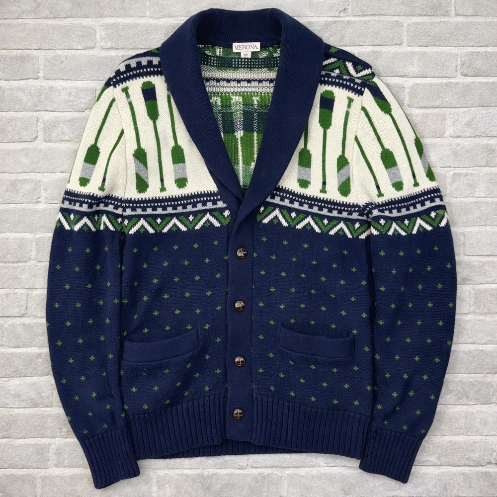 Merona Cardigan Mens Small Blue Green Paddle Shawl Collar Fair Isle Sweater